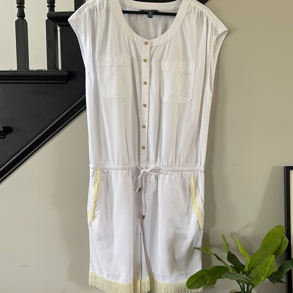 Lauren Ralph Lauren one piece shorts set romper outfit white fringe western 14‎